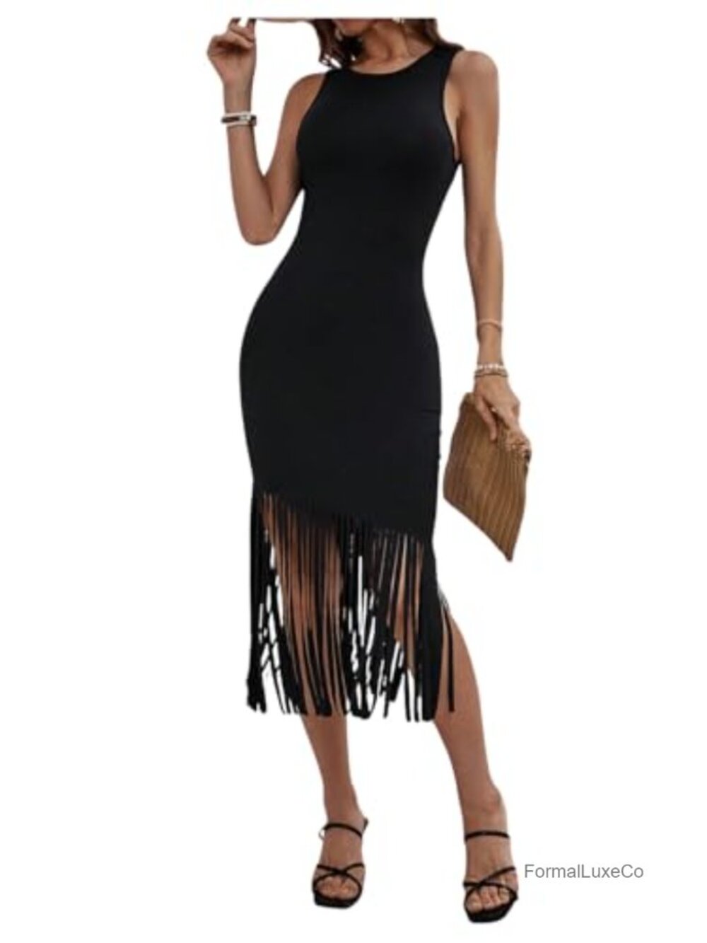 SweatyRocks Fringe Bodycon Midi Dress Sleeveless Slim Fit Sundress